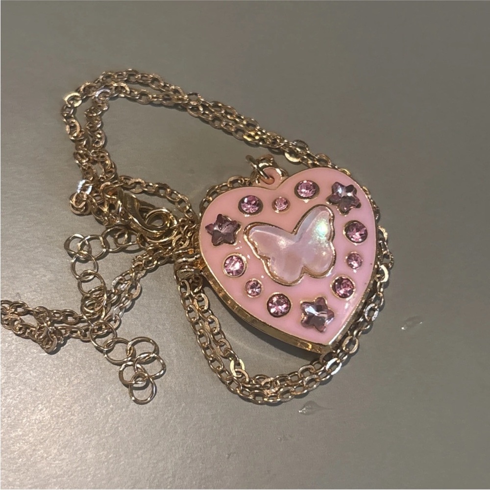 Pink Butterfly Heart Locket Necklace | Gold Plated | Cute Gift Jewelry | New - Picture 1 of 9